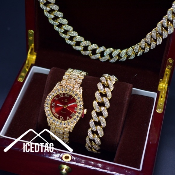 Other - Heavy Full Iced Out Necklace, Bracelet, Watch Set